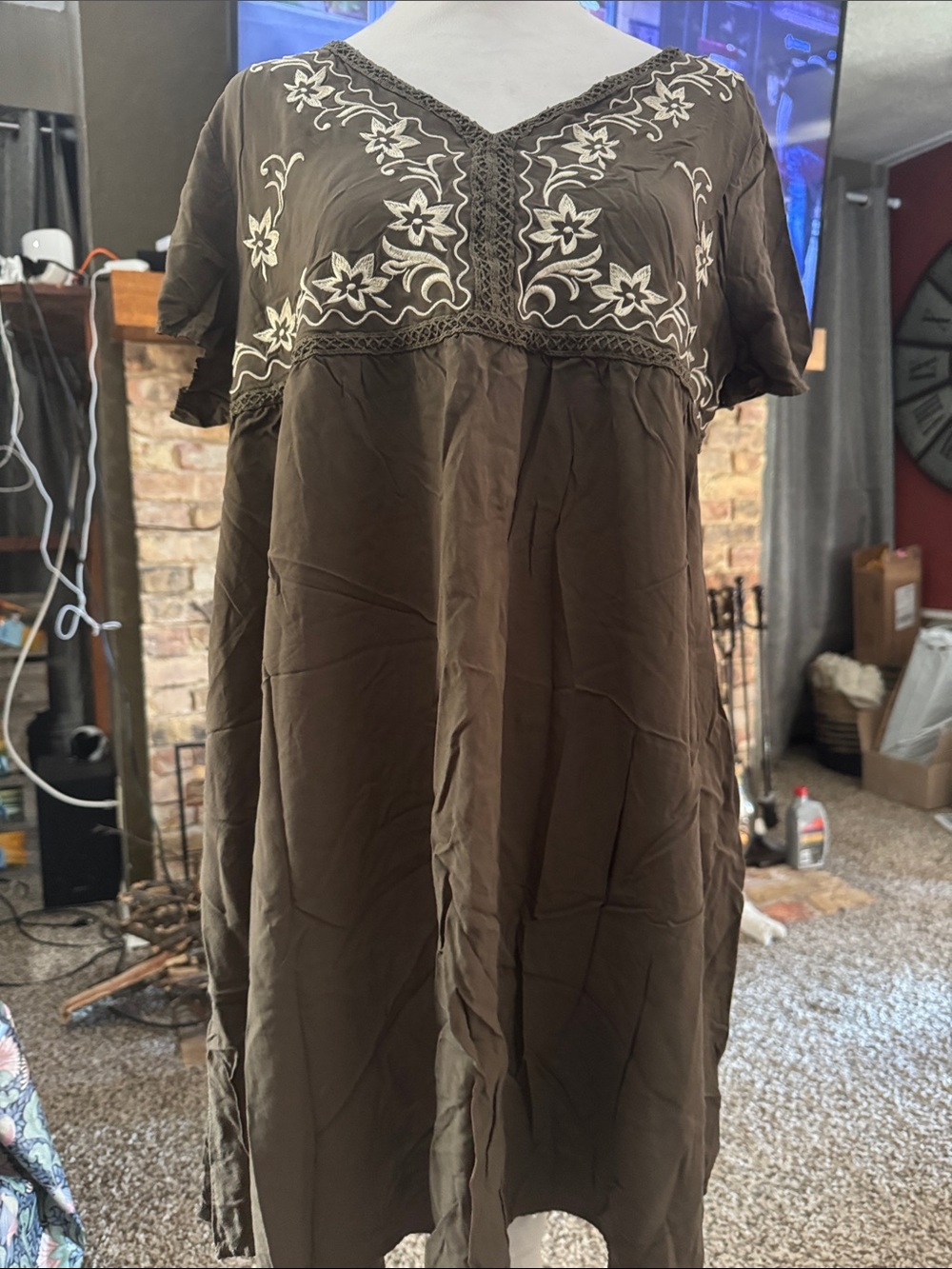 Brown Embroidered V-Neck Midi Dress - Boho Chic